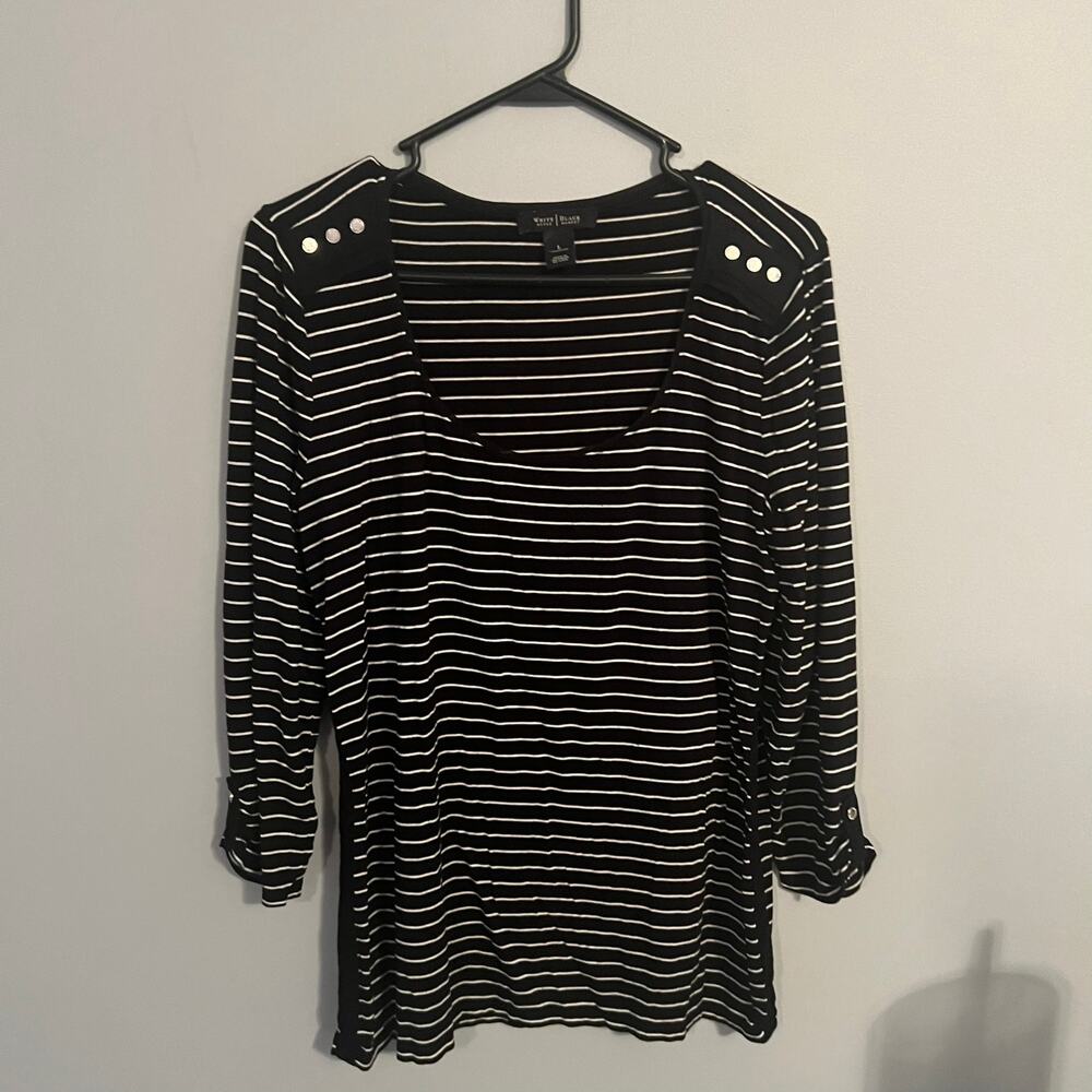 White House Black Market Black and White Striped 3/4 Sleeve Scoop Neck Top